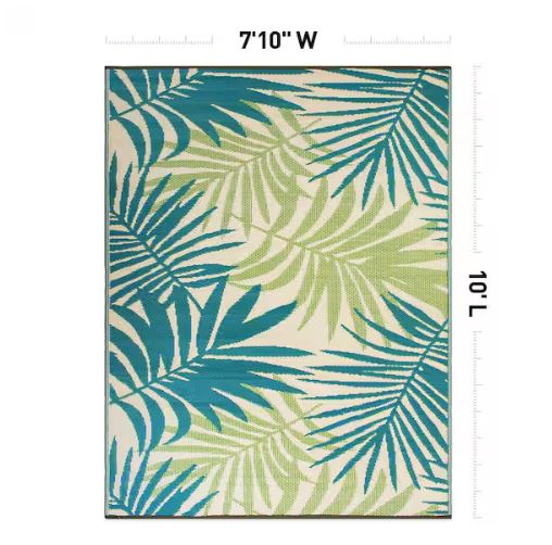 Hawaii Green 8 ft. x 10 ft. Modern Floral Reversible Plastic Outdoor Area Rug