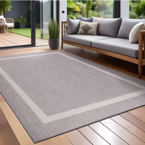 Waikiki Grey/White 8 ft. x 10 ft. Bordered Indoor/Outdoor Area Rug