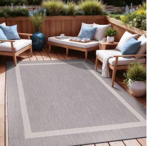 Waikiki Grey/White 8 ft. x 10 ft. Bordered Indoor/Outdoor Area Rug