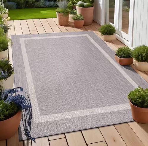 Waikiki Grey/White 8 ft. x 10 ft. Bordered Indoor/Outdoor Area Rug