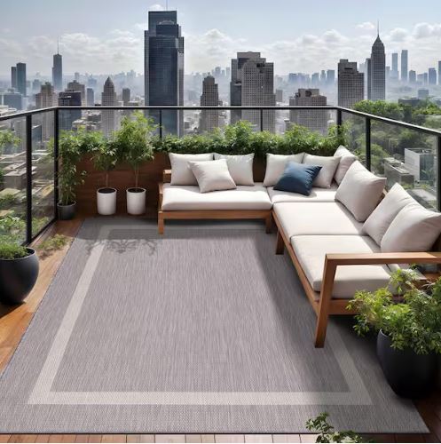 Waikiki Grey/White 8 ft. x 10 ft. Bordered Indoor/Outdoor Area Rug