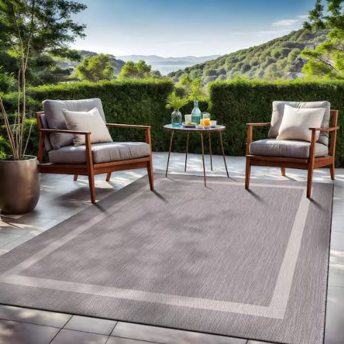 Waikiki Grey/White 8 ft. x 10 ft. Bordered Indoor/Outdoor Area Rug