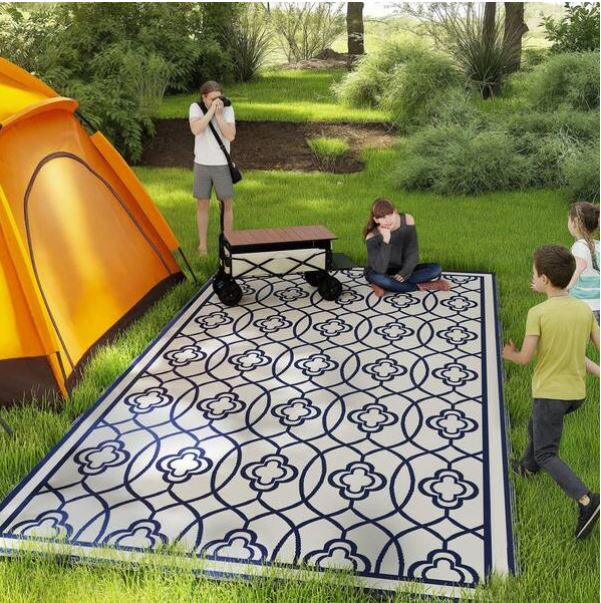 Blue and White Lantern 9 ft. x 18 ft. Waterproof Plastic Straw Floor Mat Large Reversible Outdoor Rug Area Rug