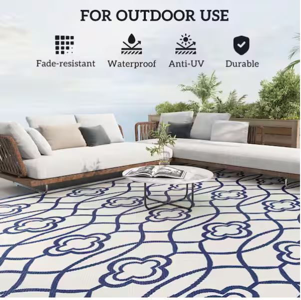 Blue and White Lantern 9 ft. x 18 ft. Waterproof Plastic Straw Floor Mat Large Reversible Outdoor Rug Area Rug
