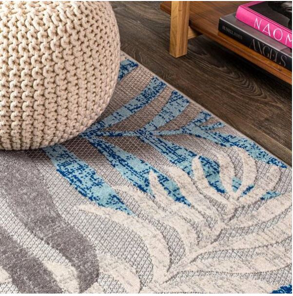 Tropics Gray/Blue 5 ft. Palm Leaves Square Indoor/Outdoor Area Rug