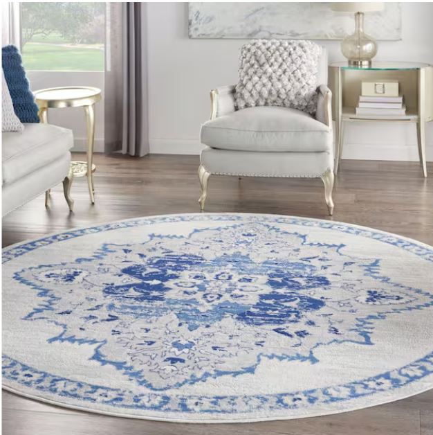 Whimsical Ivory Blue 8 ft. x 8 ft. Center Medallion Traditional Round Rug
