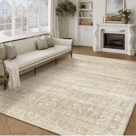 Holly Beige 9 ft. x 12 ft. Distressed Vintage Floral Area Rug