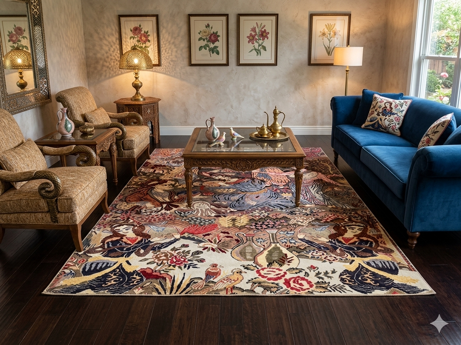 8' x 10' Rectangular Ivory Multicolor Pictorial Traditional Area Rug