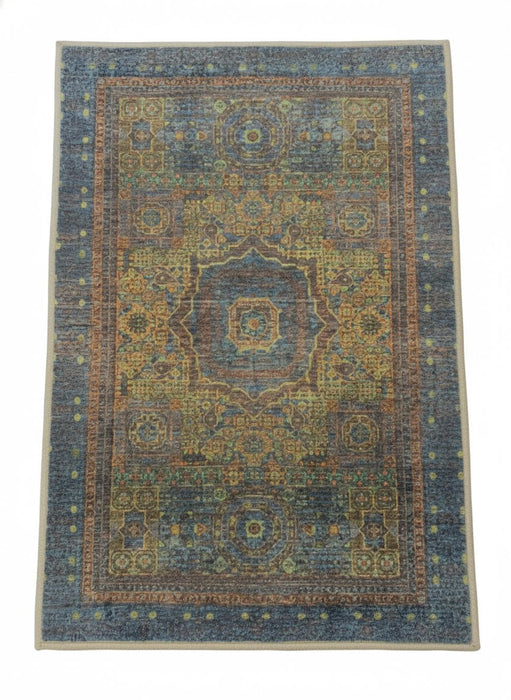 2' x 3' Rectangle Blue Multi Color Distressed Medallion Vintage Area Rug