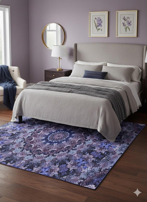 5' x 7' Dusty Purple Violet / Amethyst Indigo Blue Floral Medallion Vintage-Style Area Rug
