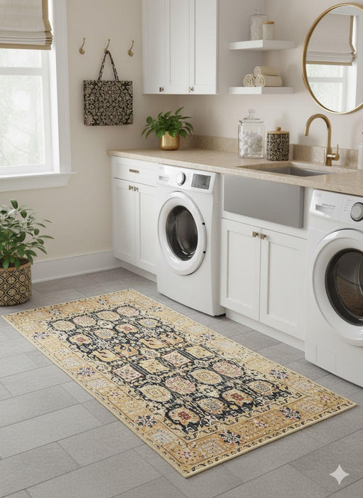 2' x 5' Rectangular Beige Black Tan Geometric Tribal Traditional Area Rug
