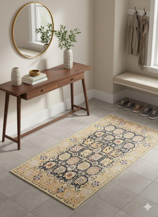 2' x 5' Rectangular Beige Black Tan Geometric Tribal Traditional Area Rug