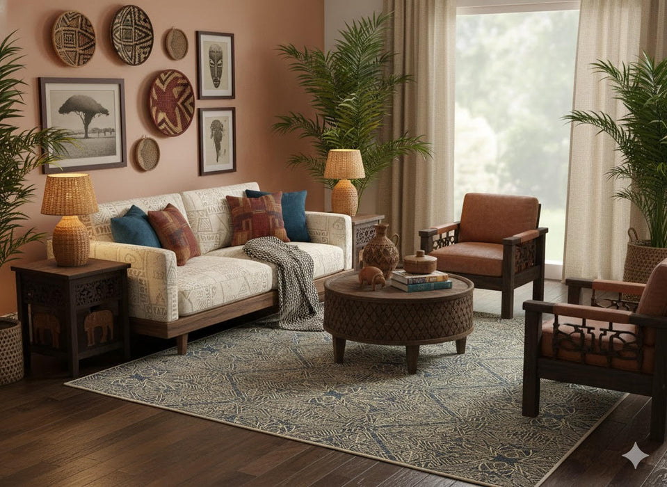 5' x 8' Rectangular Blue Beige Ivory Geometric Tribal Area Rug