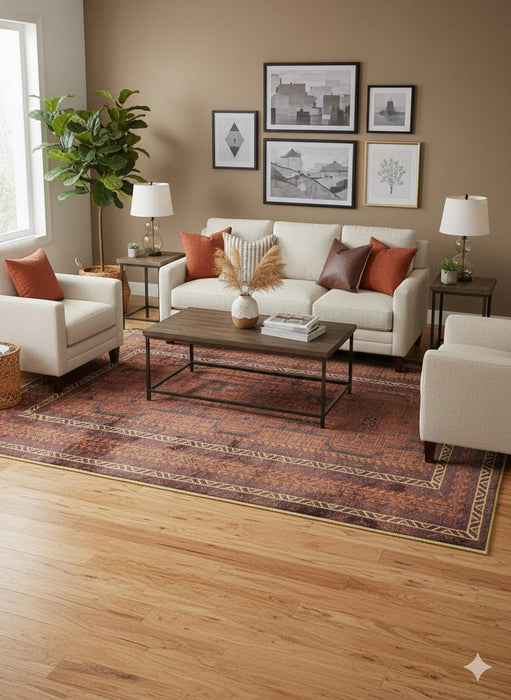 5' × 7' Rectangular Dark Brown Rust Geometric Tribal Area Rug