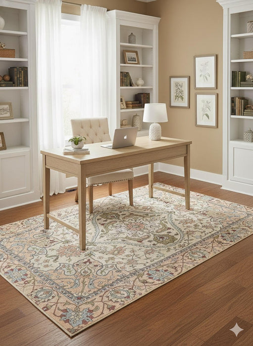 5' × 8' Rectangular Ivory Beige Floral Medallion Traditional Area Rug