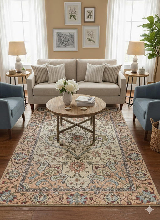 5' × 8' Rectangular Ivory Beige Floral Medallion Traditional Area Rug