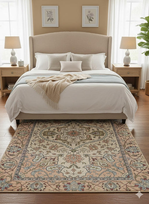 5' × 8' Rectangular Ivory Beige Floral Medallion Traditional Area Rug