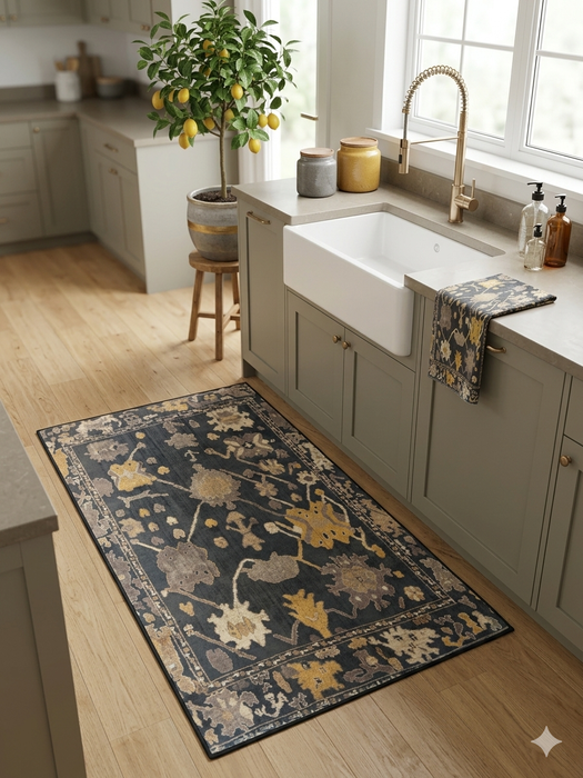 3' x 5' Rectangular Navy Gold Floral Traditional Area Rug