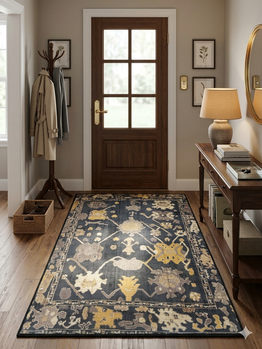 3' x 5' Rectangular Navy Gold Floral Traditional Area Rug