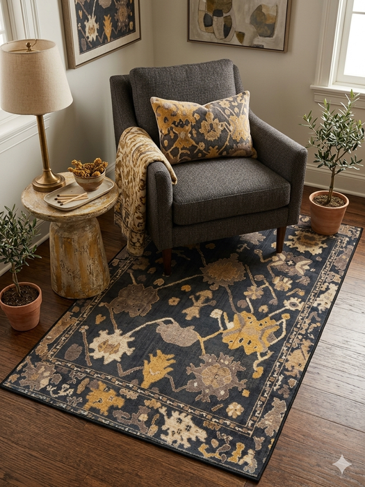 3' x 5' Rectangular Navy Gold Floral Traditional Area Rug