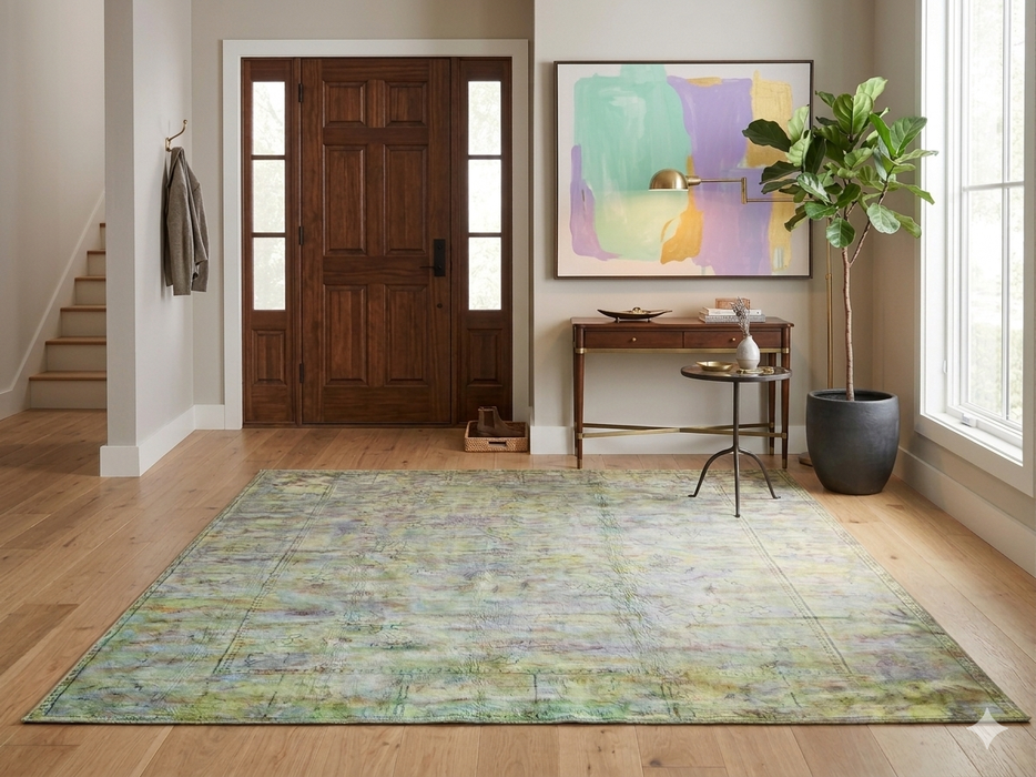 6' x 6' Square Mint Green Distressed Floral Vintage Area Rug