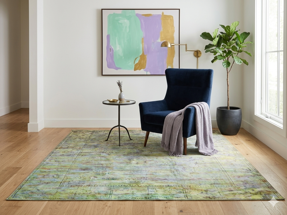 6' x 6' Square Mint Green Distressed Floral Vintage Area Rug
