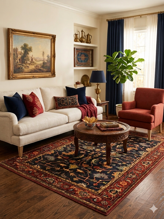 5' x 7' Rectangular Navy Red Floral Traditional Area Rug