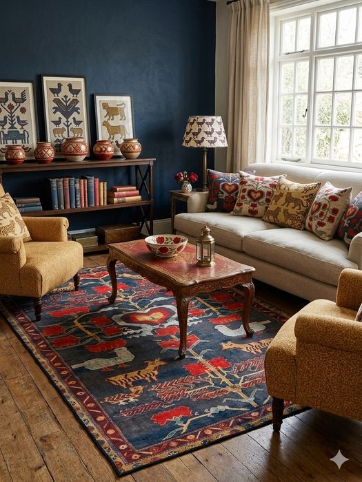 5' x 7' Rectangular Navy Red Animal Farm Tribal Area Rug