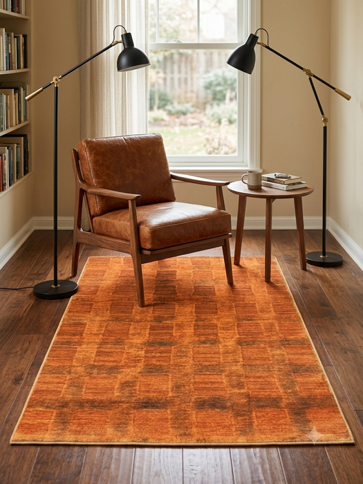 4' x 6' Rectangular Rust Orange Checkered Geometric Contemporary Area Rug