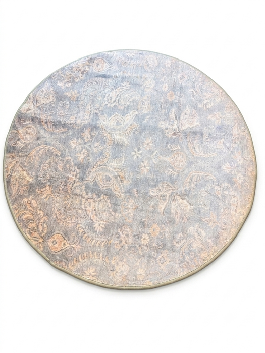 4' Round Light Blue Ivory Distressed Floral Traditional Area Rug
