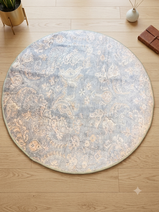 4' Round Light Blue Ivory Distressed Floral Traditional Area Rug