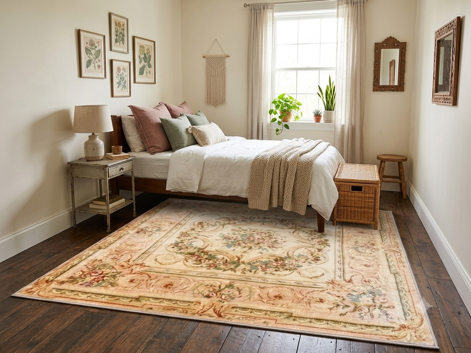 5' x 7' Rectangular Ivory Pink Floral Aubusson Traditional Area Rug