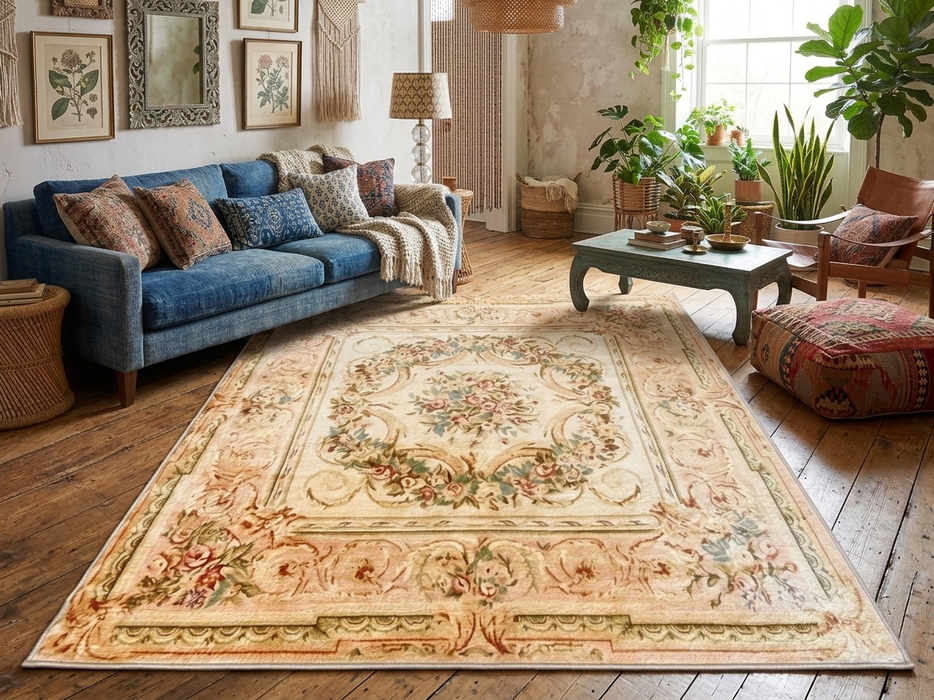 5' x 7' Rectangular Ivory Pink Floral Aubusson Traditional Area Rug