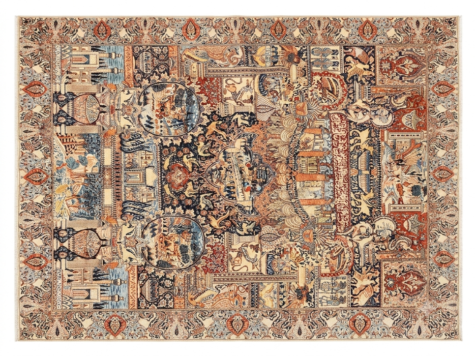 8' x 10' Rectangular Ivory Multicolor Pictorial Persian Traditional Area Rug