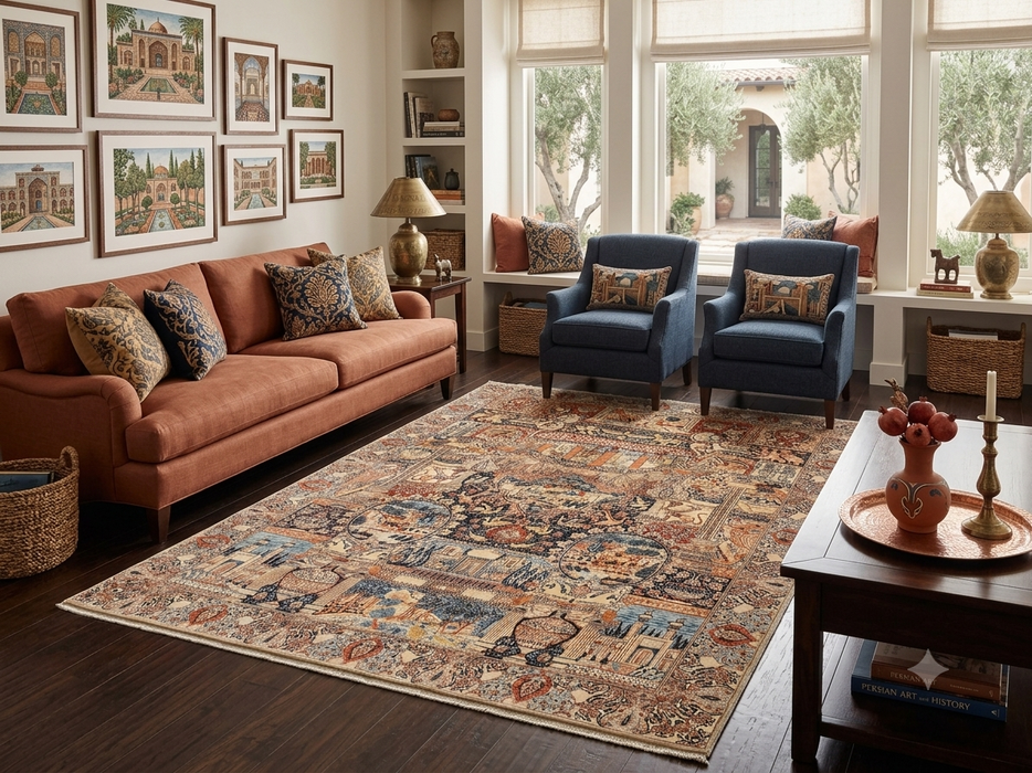 8' x 10' Rectangular Ivory Multicolor Pictorial Persian Traditional Area Rug