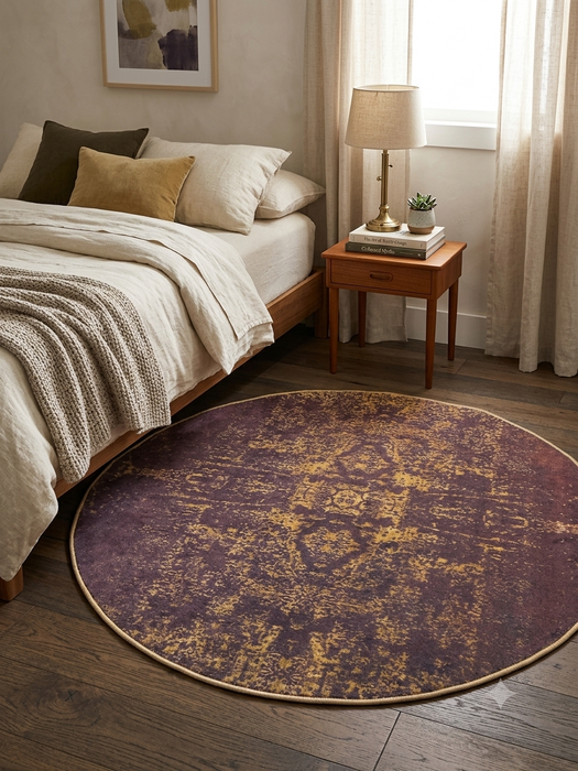5' Round Plum Gold Distressed Medallion Vintage Area Rug