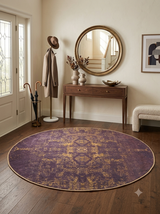 5' Round Plum Gold Distressed Medallion Vintage Area Rug