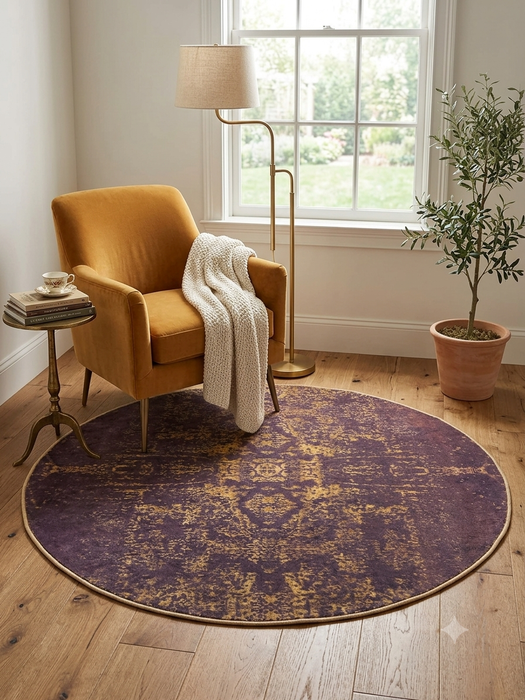 5' Round Plum Gold Distressed Medallion Vintage Area Rug