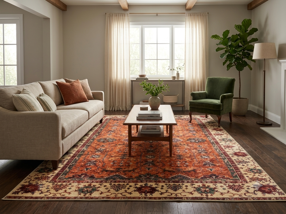 7' x 9' Rectangular Rust Ivory Floral Traditional Area Rug