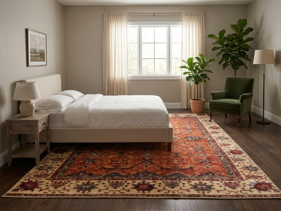 7' x 9' Rectangular Rust Ivory Floral Traditional Area Rug