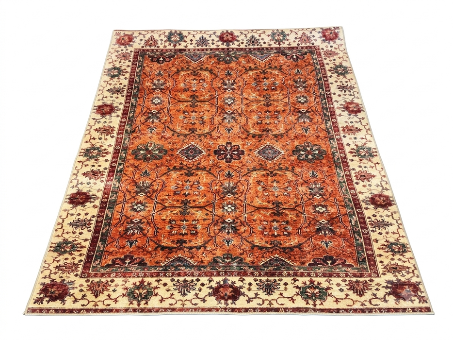7' x 9' Rectangular Rust Ivory Floral Traditional Area Rug