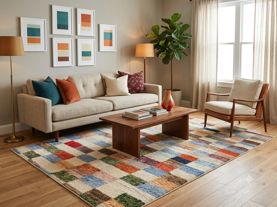 5' x 8' Rectangular Ivory Multicolor Checkered Geometric Contemporary Area Rug