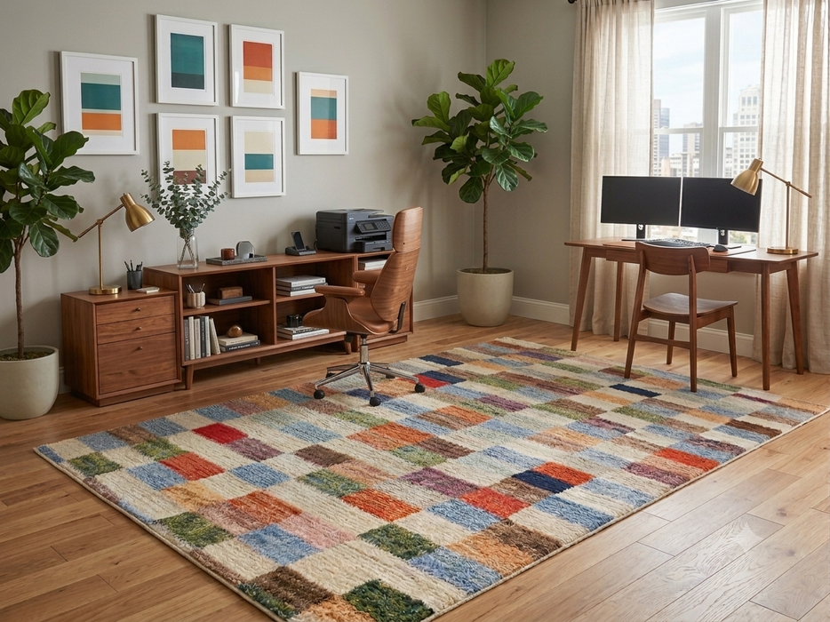 5' x 8' Rectangular Ivory Multicolor Checkered Geometric Contemporary Area Rug
