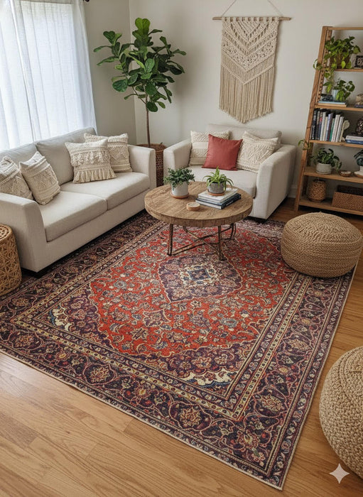 8' x 10' Rectangle Blue Rust Red Medallion Traditional Area Rug