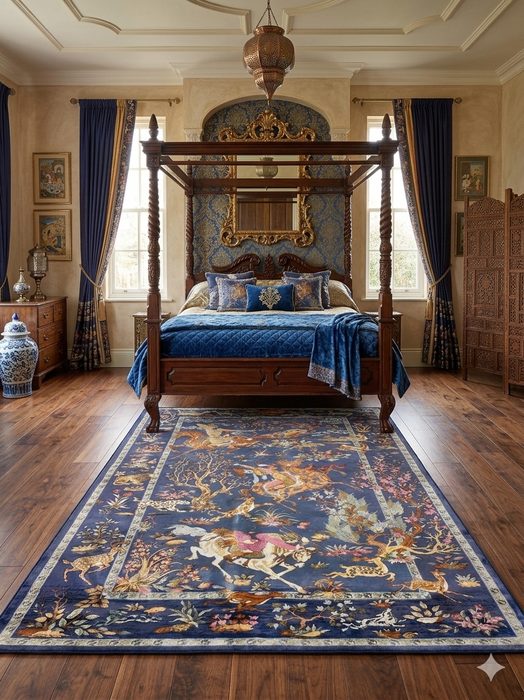 8' x 12' Rectangular Navy Multicolor Pictorial Animal Traditional Area Rug
