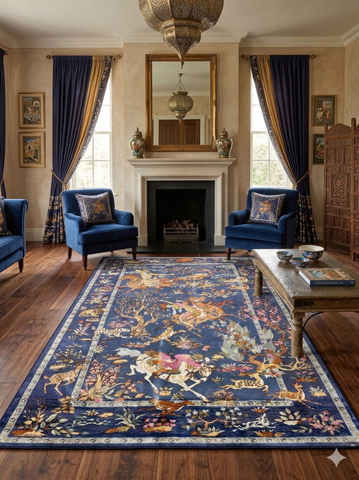 8' x 12' Rectangular Navy Multicolor Pictorial Animal Traditional Area Rug