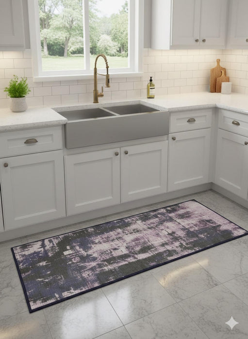 2' x 5' Rectangle Blue Gray Ivory Abstract Modern Washable Area Rug