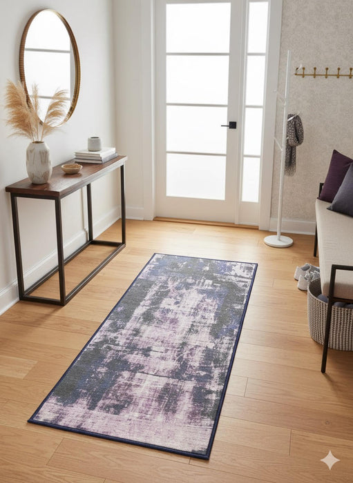 2' x 5' Rectangle Blue Gray Ivory Abstract Modern Washable Area Rug