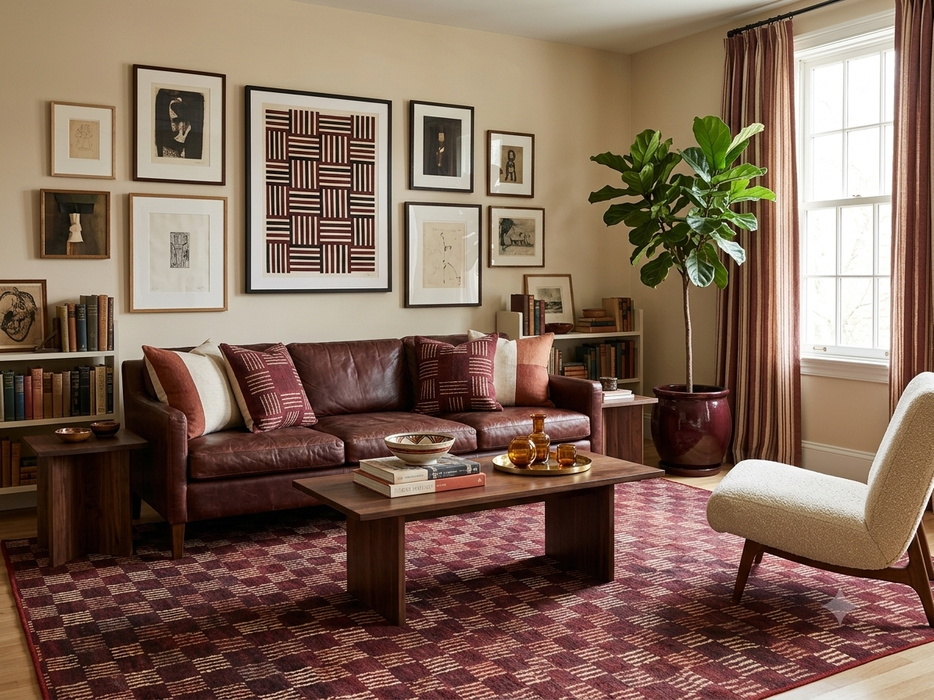 7' x 9' Rectangular Burgundy Beige Checkered Geometric Contemporary Washable Area Rug