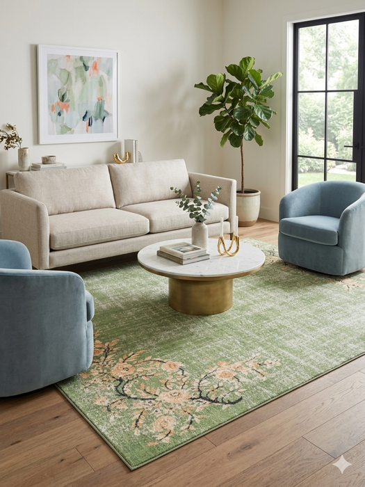 5' x 7' Rectangular Sage Green Ivory Floral Vintage Washable Area Rug